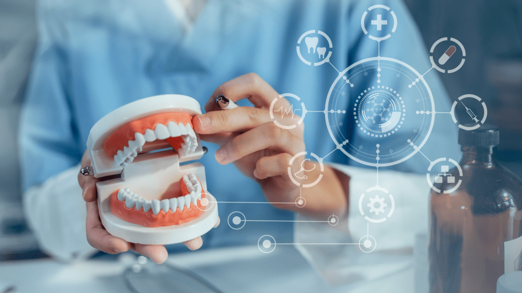 Digital tools and technology in healthcare, including a dentist's model with futuristic tech icons.