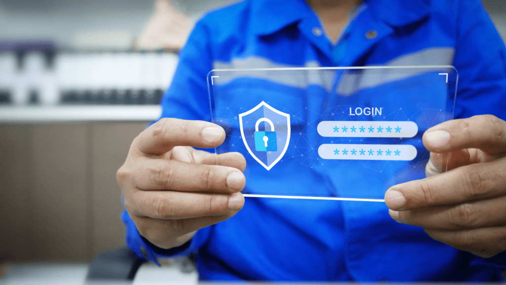 A professional holding a digital secure login interface, representing IT security outsourcing.