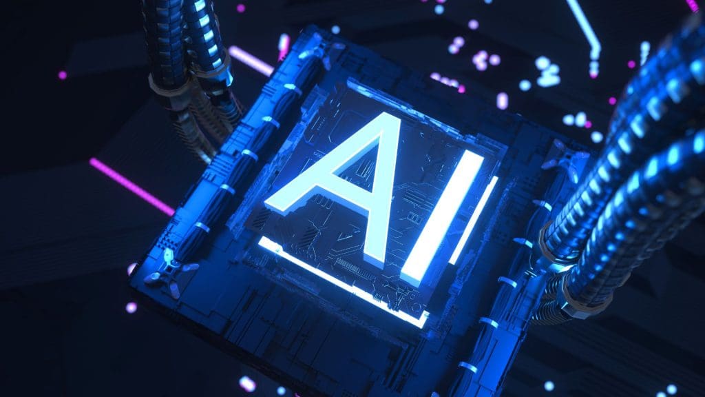 A futuristic AI processor chip with glowing blue lights.